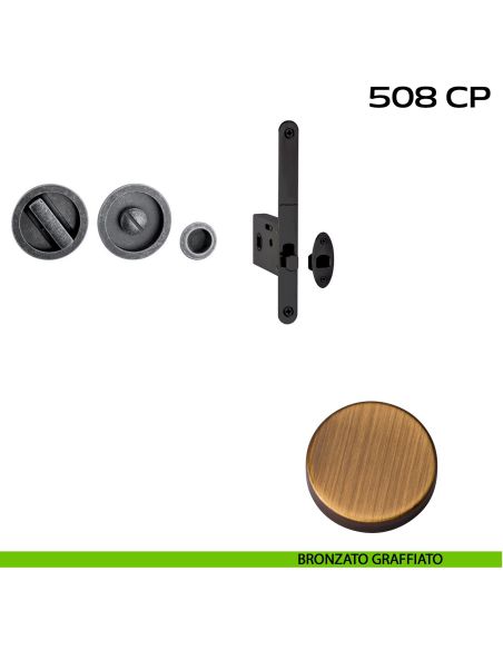 Kit placche incasso tonde con nottolino Reguitti 508 con frontalino di trascinamento e serratura 026SR bronzato