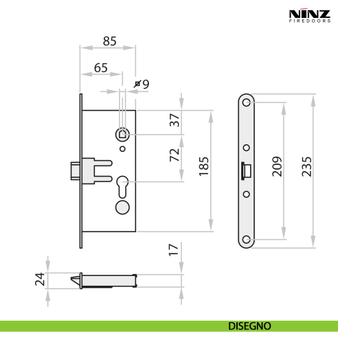 Serratura antipanico MAC1 sinistra per porta tagliafuoco Ninz 3201101.001 - disegno