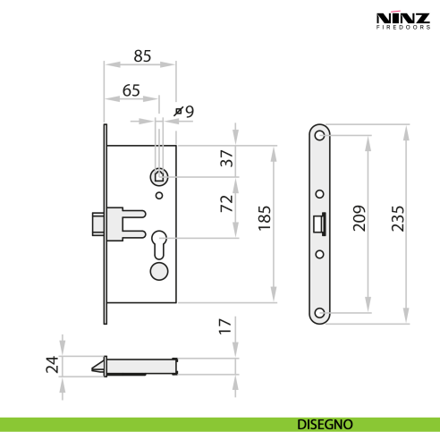 Serratura antipanico MAC1 destra per porta tagliafuoco Ninz 3201101.002 - disegno