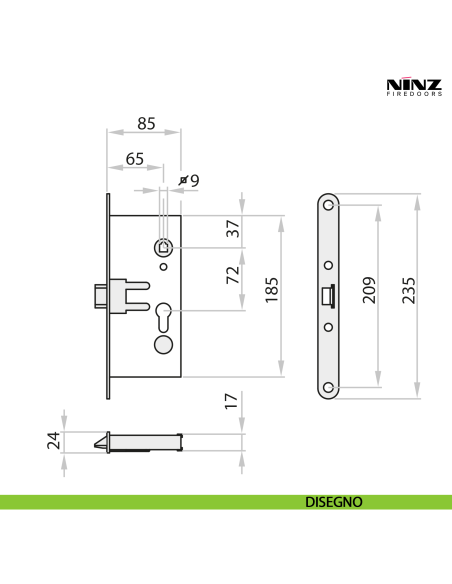Serratura antipanico MAC1 destra per porta tagliafuoco Ninz 3201101.002 - disegno
