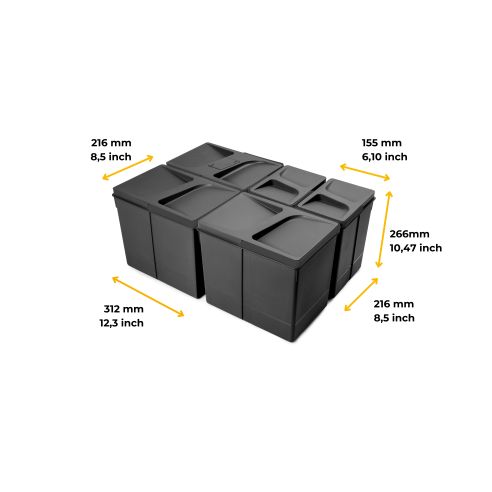 Emuca Contenitori per cassetti da cucina Recycle con coperchio anti-odore, Altezza 266, 3x15 lt, 2x7 lt, Tecnoplastica, Nera