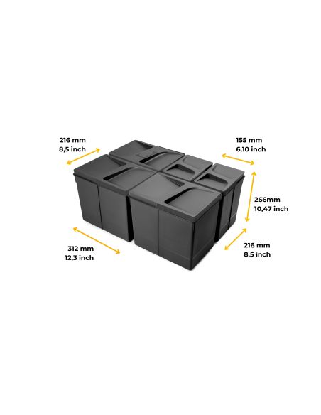 Emuca Contenitori per cassetti da cucina Recycle con coperchio anti-odore, Altezza 266, 3x15 lt, 2x7 lt, Tecnoplastica, Nera