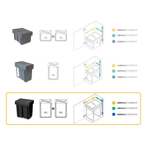 Emuca Contenitore per la raccolta differenziata Recycle da montare sul fondo e da estrarre manualmente in cucina Recycle 2x25lt,