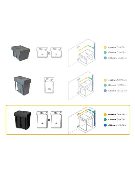 Emuca Contenitore per la raccolta differenziata Recycle da montare sul fondo e da estrarre manualmente in cucina Recycle 2x25lt,