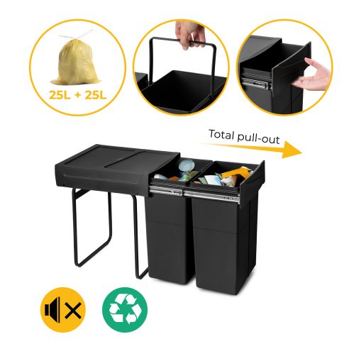 Emuca Contenitore per la raccolta differenziata Recycle da montare sul fondo e da estrarre manualmente in cucina Recycle 2x25lt,
