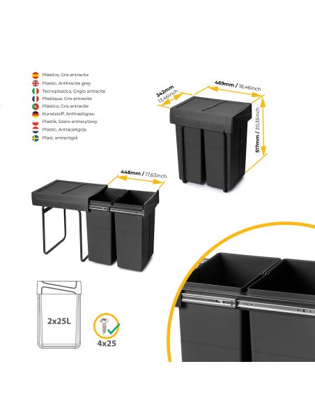 Emuca Contenitore per la raccolta differenziata Recycle da montare sul fondo e da estrarre manualmente in cucina Recycle 2x25lt,