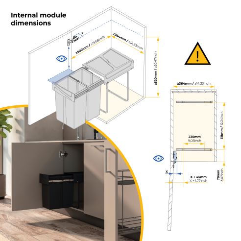 Emuca Contenitore per la raccolta differenziata Recycle da montare sul fondo e da estrarre manualmente in cucina Recycle 2x25lt,