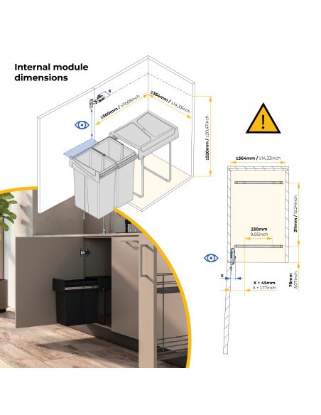 Emuca Contenitore per la raccolta differenziata Recycle da montare sul fondo e da estrarre manualmente in cucina Recycle 2x25lt,