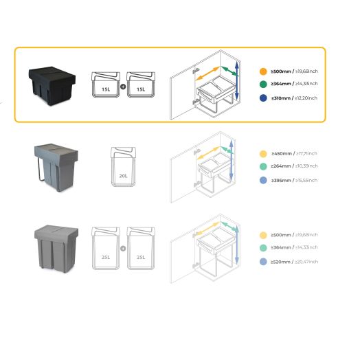 Emuca Contenitore per la raccolta differenziata da montare sul fondo ed estraibile manualmente in cucina 2x15lt, Tecnoplastica, 