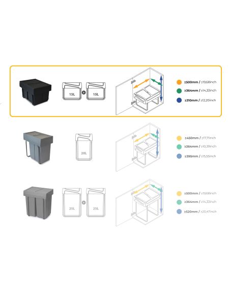 Emuca Contenitore per la raccolta differenziata da montare sul fondo ed estraibile manualmente in cucina 2x15lt, Tecnoplastica, 