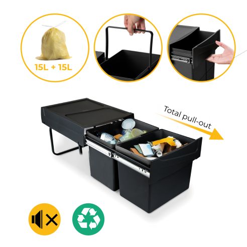 Emuca Contenitore per la raccolta differenziata da montare sul fondo ed estraibile manualmente in cucina 2x15lt, Tecnoplastica, 