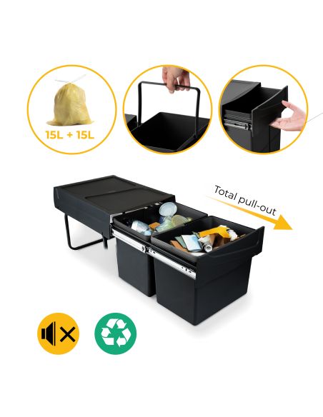 Emuca Contenitore per la raccolta differenziata da montare sul fondo ed estraibile manualmente in cucina 2x15lt, Tecnoplastica, 