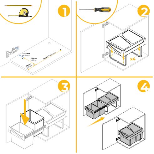 Emuca Contenitore per la raccolta differenziata da montare sul fondo ed estraibile manualmente in cucina 2x15lt, Tecnoplastica, 