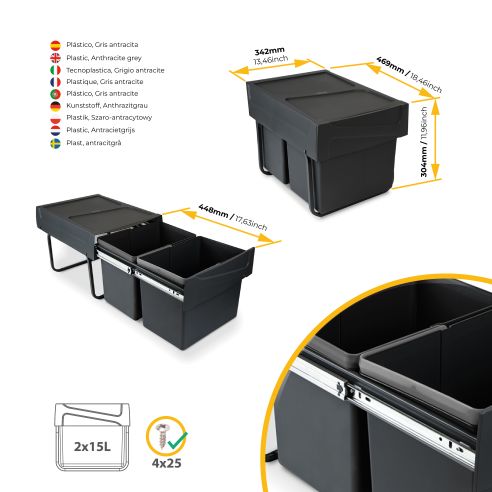 Emuca Contenitore per la raccolta differenziata da montare sul fondo ed estraibile manualmente in cucina 2x15lt, Tecnoplastica, 