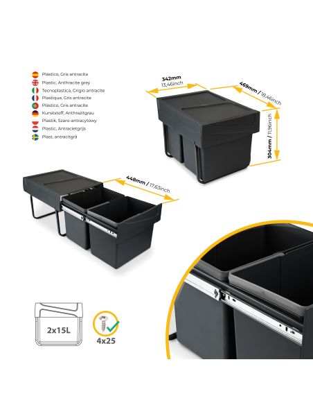 Emuca Contenitore per la raccolta differenziata da montare sul fondo ed estraibile manualmente in cucina 2x15lt, Tecnoplastica, 