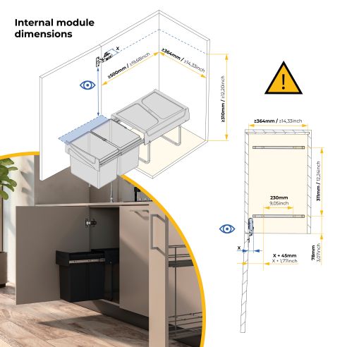 Emuca Contenitore per la raccolta differenziata da montare sul fondo ed estraibile manualmente in cucina 2x15lt, Tecnoplastica, 