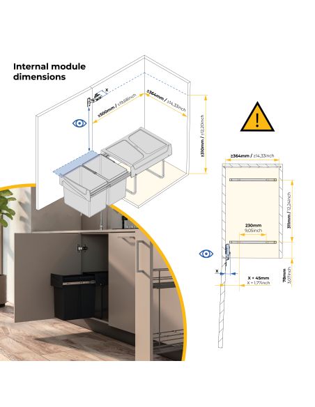 Emuca Contenitore per la raccolta differenziata da montare sul fondo ed estraibile manualmente in cucina 2x15lt, Tecnoplastica, 