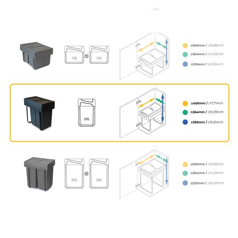 Emuca Recycle 1x20lt per il montaggio sul fondo e l'estrazione manuale in cucina, Tecnoplastica, Nera