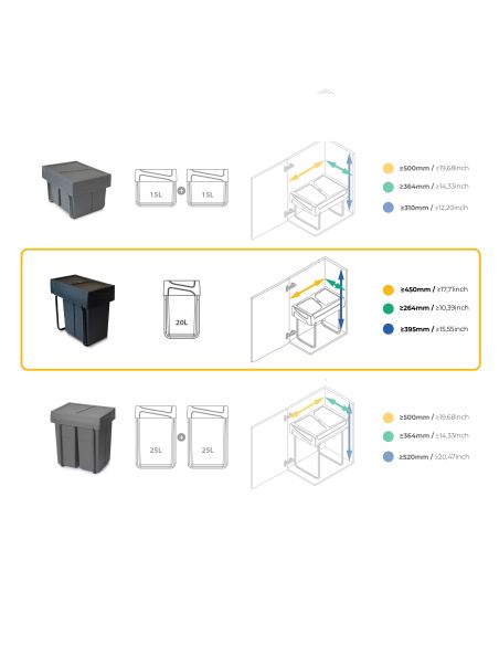 Emuca Recycle 1x20lt per il montaggio sul fondo e l'estrazione manuale in cucina, Tecnoplastica, Nera