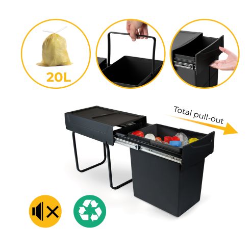 Emuca Recycle 1x20lt per il montaggio sul fondo e l'estrazione manuale in cucina, Tecnoplastica, Nera