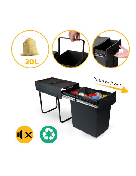Emuca Recycle 1x20lt per il montaggio sul fondo e l'estrazione manuale in cucina, Tecnoplastica, Nera
