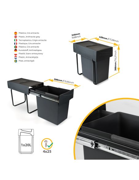 Emuca Recycle 1x20lt per il montaggio sul fondo e l'estrazione manuale in cucina, Tecnoplastica, Nera