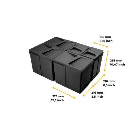 Emuca Kit di contenitori per la raccolta differenziata per cassetti da cucina Recycle Altezza Recycle 266 mm, 3x15 lt, 2x7 lt, T