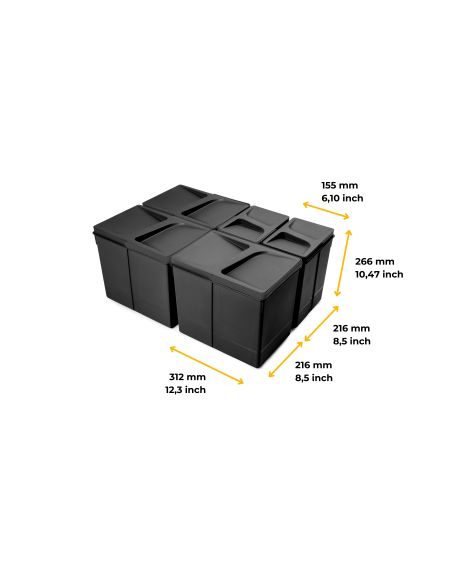 Emuca Kit di contenitori per la raccolta differenziata per cassetti da cucina Recycle Altezza Recycle 266 mm, 3x15 lt, 2x7 lt, T