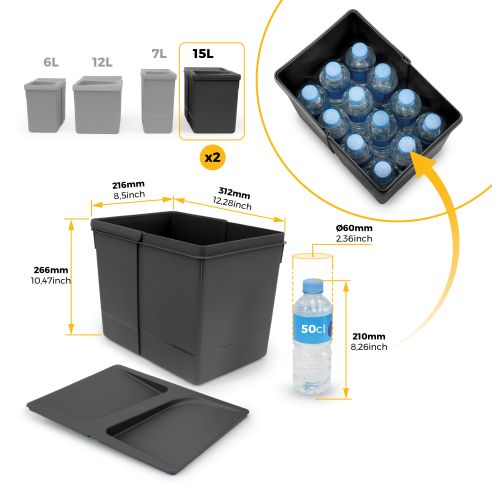 Emuca Kit di contenitori per la raccolta differenziata per cassetti da cucina Recycle Altezza Recycle 266 mm, 2x15 lt, 2x7 lt, T