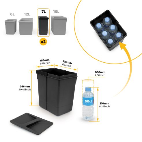 Emuca Kit di contenitori per la raccolta differenziata per cassetti da cucina Recycle Altezza Recycle 266 mm, 1x15 lt, 2x7 lt, T
