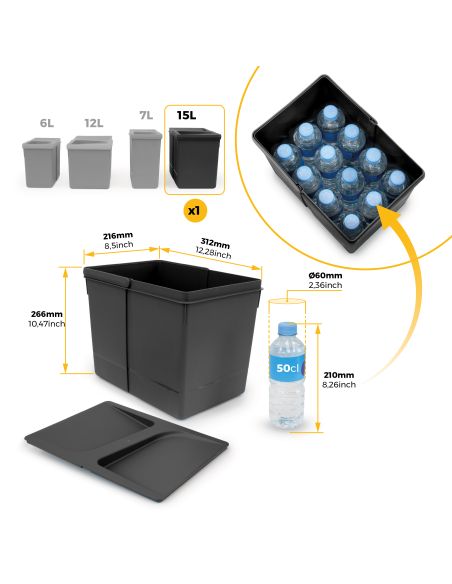 Emuca Kit di contenitori per la raccolta differenziata per cassetti da cucina Recycle Altezza Recycle 266 mm, 1x15 lt, 2x7 lt, T