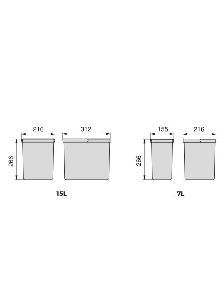 Emuca Kit di contenitori per la raccolta differenziata per cassetti da cucina Recycle Altezza Recycle 266 mm, 1x15 lt, 2x7 lt, T