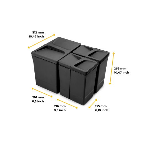 Emuca Kit di contenitori per la raccolta differenziata per cassetti da cucina Recycle Altezza Recycle 266 mm, 1x15 lt, 2x7 lt, T