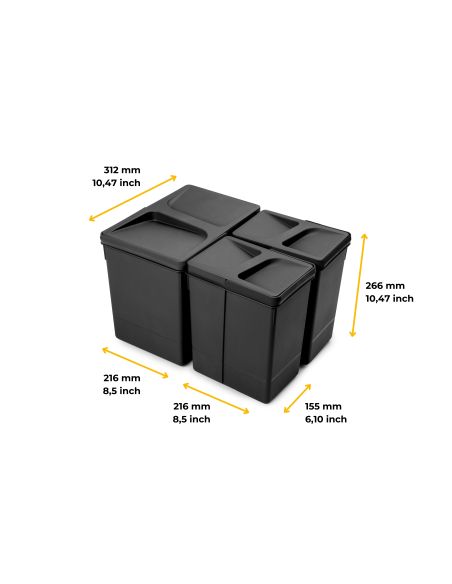 Emuca Kit di contenitori per la raccolta differenziata per cassetti da cucina Recycle Altezza Recycle 266 mm, 1x15 lt, 2x7 lt, T