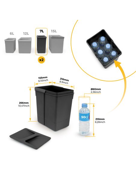 Emuca Kit di contenitori per la raccolta differenziata per cassetti da cucina Recycle Altezza Recycle 266 mm, 2x7 lt, Tecnoplast