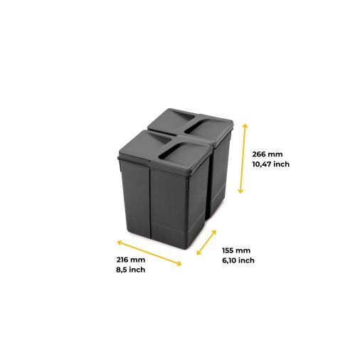 Emuca Kit di contenitori per la raccolta differenziata per cassetti da cucina Recycle Altezza Recycle 266 mm, 2x7 lt, Tecnoplast