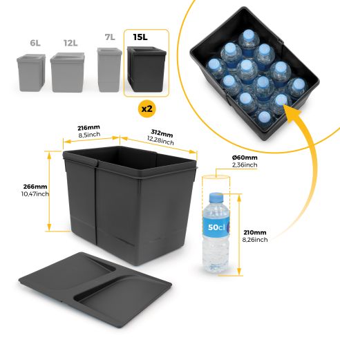 Emuca Kit di contenitori per la raccolta differenziata per cassetti da cucina Recycle Altezza Recycle 266 mm, 2x15 lt,Tecnoplast