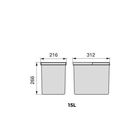 Emuca Kit di contenitori per la raccolta differenziata per cassetti da cucina Recycle Altezza Recycle 266 mm, 2x15 lt,Tecnoplast