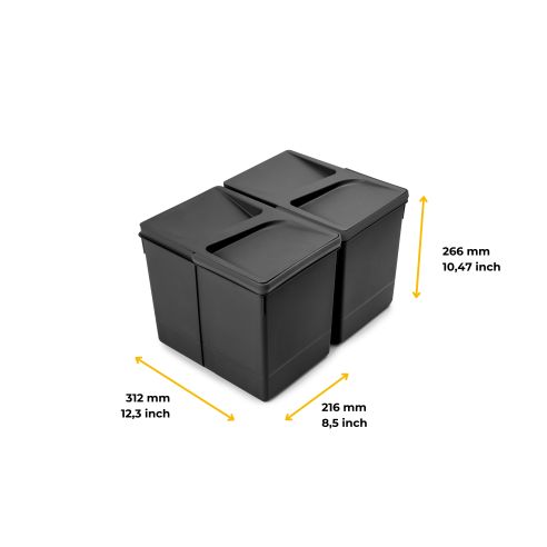 Emuca Kit di contenitori per la raccolta differenziata per cassetti da cucina Recycle Altezza Recycle 266 mm, 2x15 lt,Tecnoplast