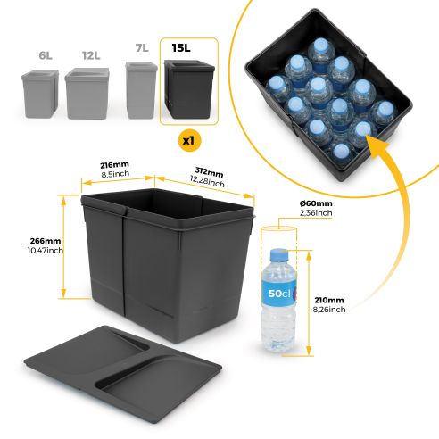 Emuca Contenitore per la raccolta differenziata Recycle Altezza Recycle 266 mm, 1x15 lt, Tecnoplastica, Nera