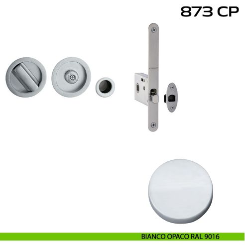 Kit placche incasso tonde con nottolino Reguitti 873 con frontalino di trascinamento e serratura 026SR bianco