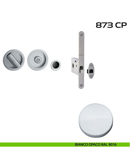 Kit placche incasso tonde con nottolino Reguitti 873 con frontalino di trascinamento e serratura 026SR bianco