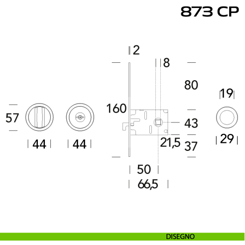 Kit placche incasso tonde con nottolino Reguitti 873 con frontalino di trascinamento e serratura 026SR disegno
