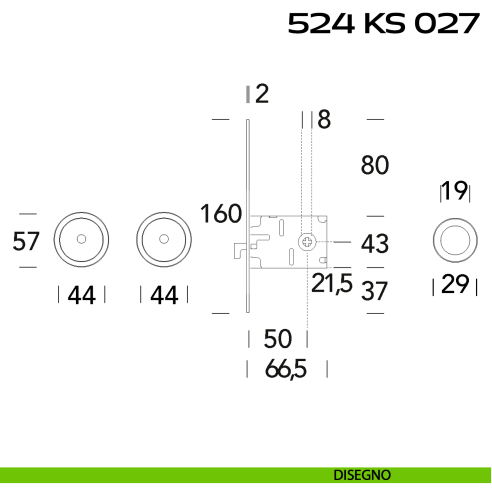 Kit placche incasso tonde con foro chiave a spillo Reguitti 524 con frontalino di trascinamento e serratura 027SR disegno