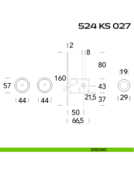 Kit placche incasso tonde con foro chiave a spillo Reguitti 524 con frontalino di trascinamento e serratura 027SR disegno