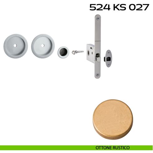 Kit placche incasso tonde con foro chiave a spillo Reguitti 524 con frontalino di trascinamento e serratura 027SR rustico