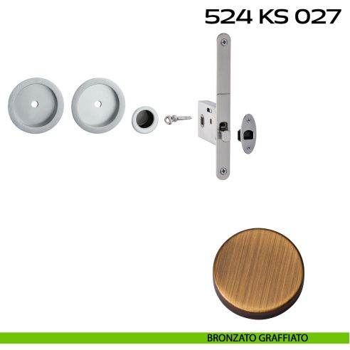 Kit placche incasso tonde con foro chiave a spillo Reguitti 524 con frontalino di trascinamento e serratura 027SR bronzato