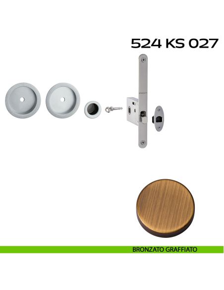 Kit placche incasso tonde con foro chiave a spillo Reguitti 524 con frontalino di trascinamento e serratura 027SR bronzato