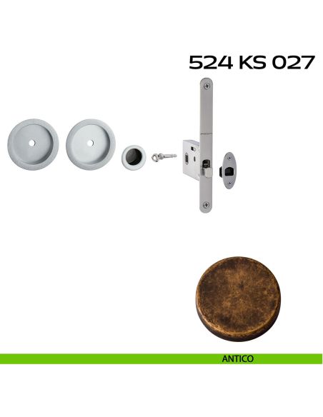 Kit placche incasso tonde con foro chiave a spillo Reguitti 524 con frontalino di trascinamento e serratura 027SR antico