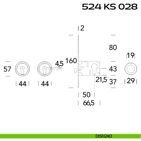 Kit placche incasso tonde con foro yale Reguitti 524 con frontalino di trascinamento e serratura 028SR disegno